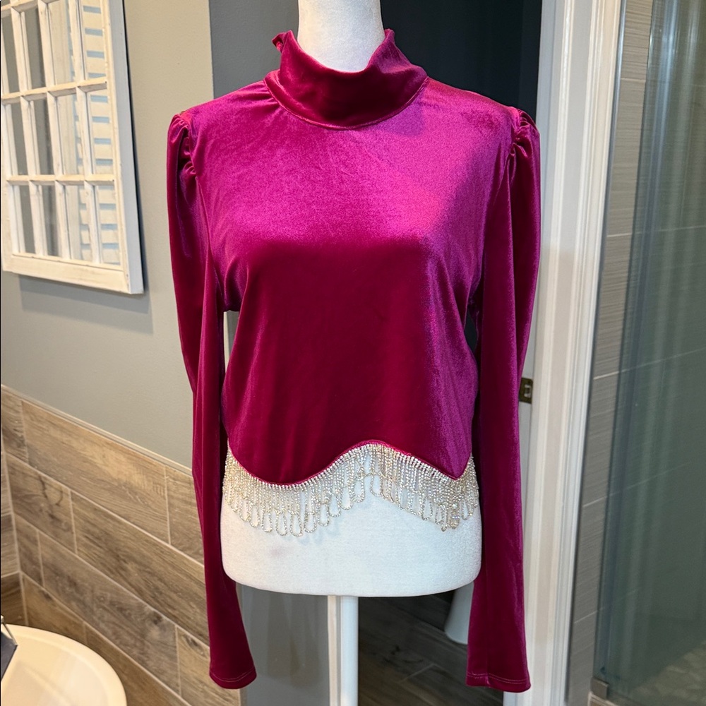 Buckle Blue B Collection Fuchsia Velvet Rhinestone Fringe Top Large - Picture 3 of 10